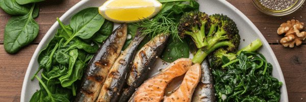 Poissons gras et légumes verts riches en oméga-3 et vitamines pour la cicatrisation