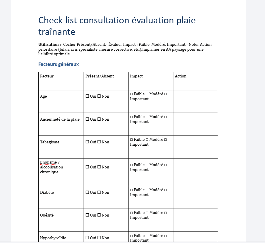 check list pdf Check list des principaux facteurs de retard de cicatrisation au format pdf